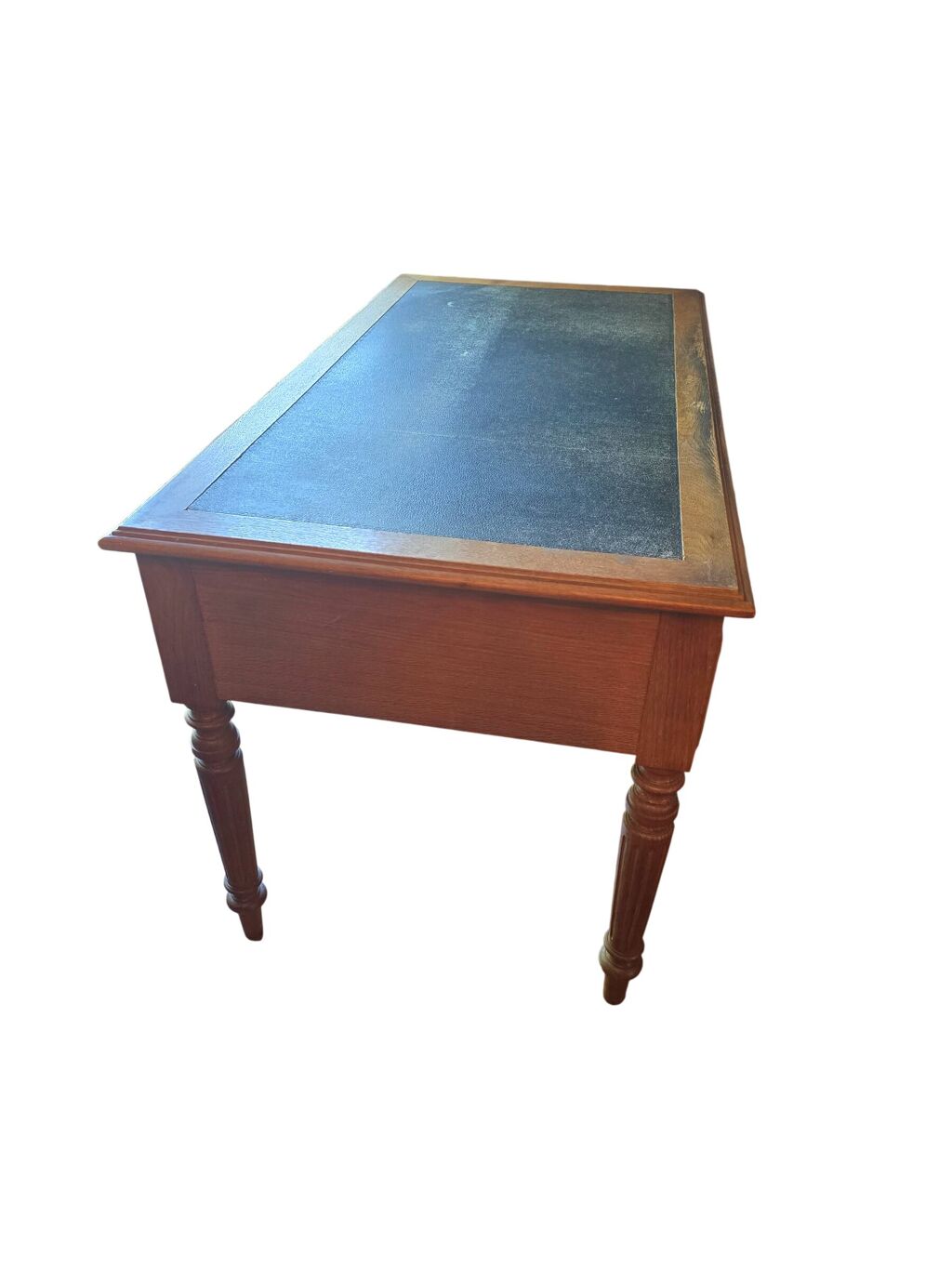 Bureau plat ancien en chêne et cuir noir, style Louis-Philippe