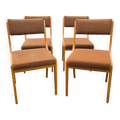 Suite de 4 chaises traîneau vintage en bois blond et tissu brun – années 60