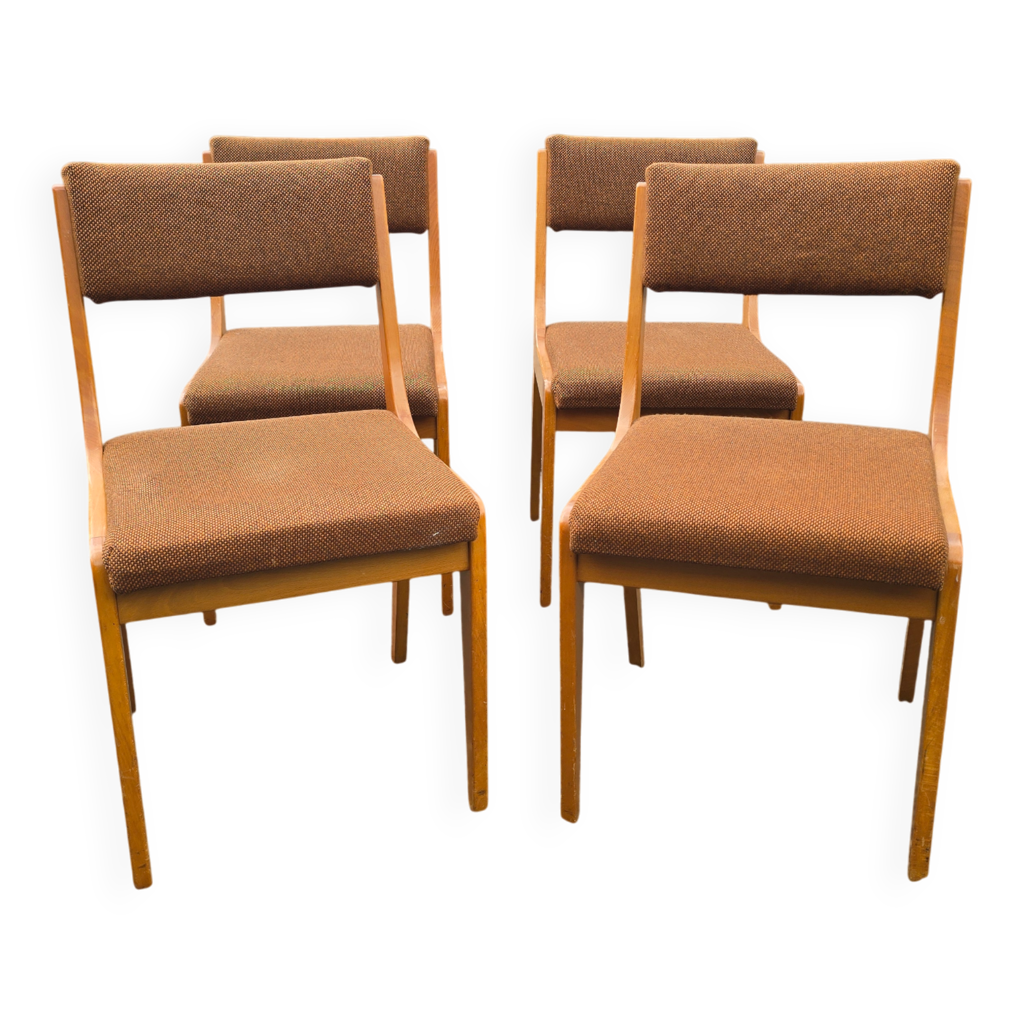Suite de 4 chaises traîneau vintage en bois blond et tissu brun – années 60