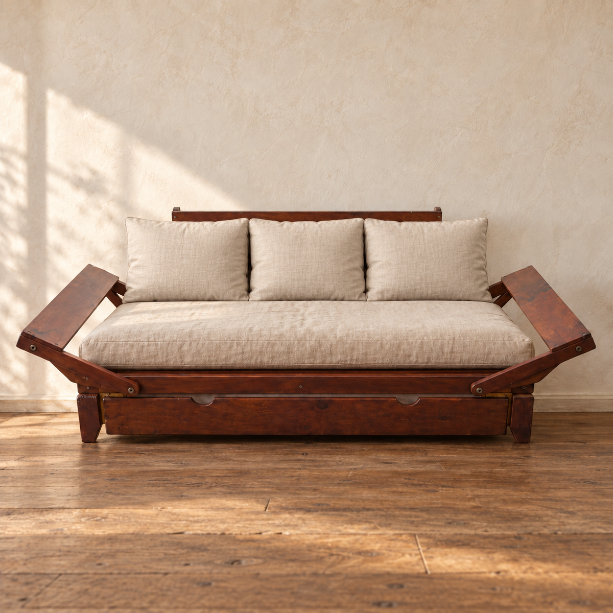 Structure de banquette-lit convertible en bois avec tiroir de rangement