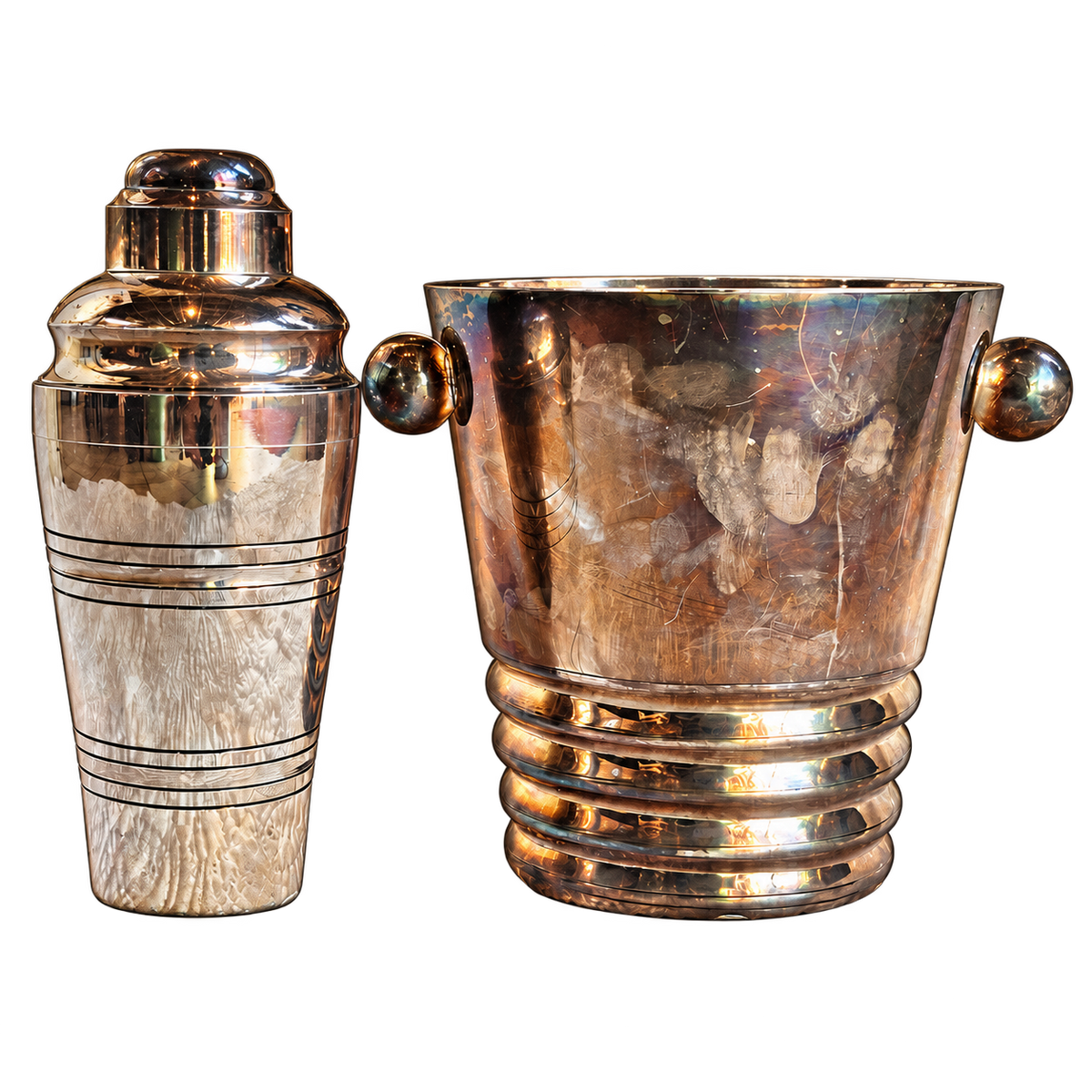 Ensemble de bar en métal argenté de style Art déco – Seau à champagne et shaker
