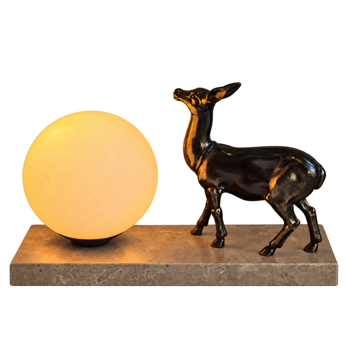Lampe veilleuse de style Art déco à décor de biche – Globe opalin et socle en marbre