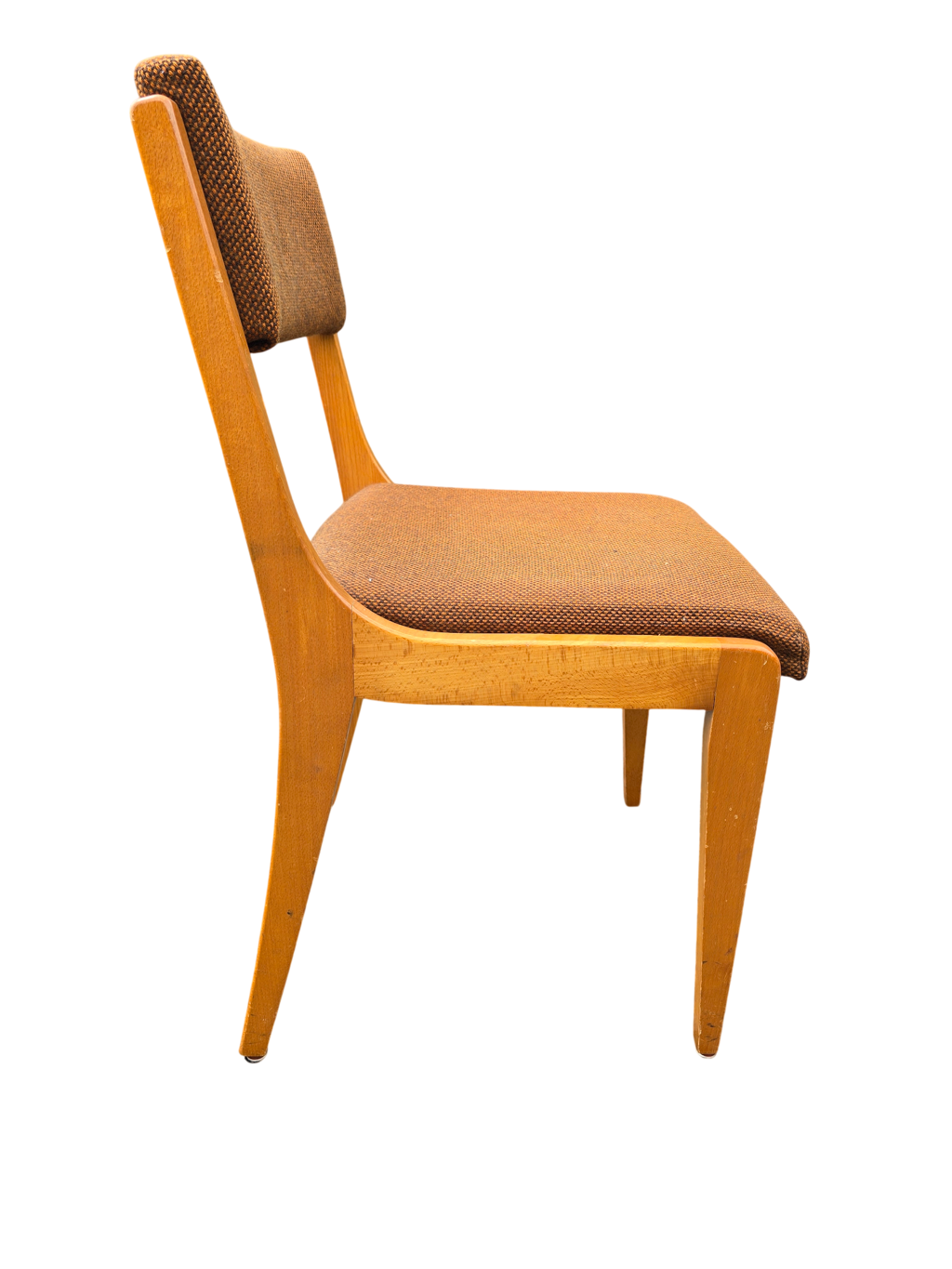 Suite de 4 chaises traîneau vintage en bois blond et tissu brun – années 60