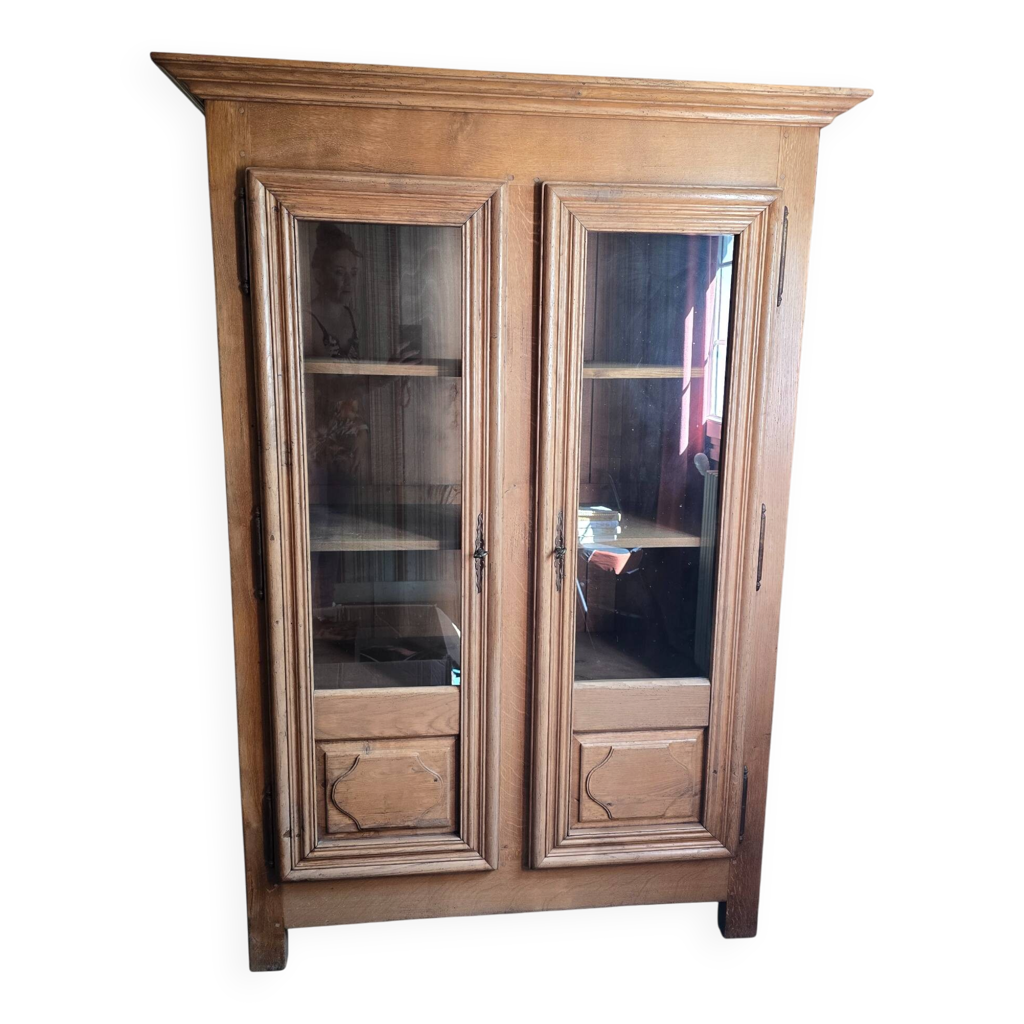 Bibliothèque vitrine ancienne en chêne massif à deux portes vitrées