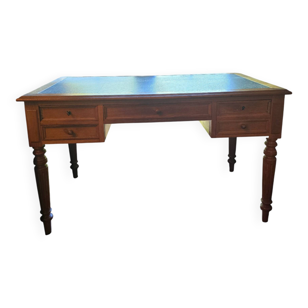 Bureau plat ancien en chêne et cuir noir, style Louis-Philippe