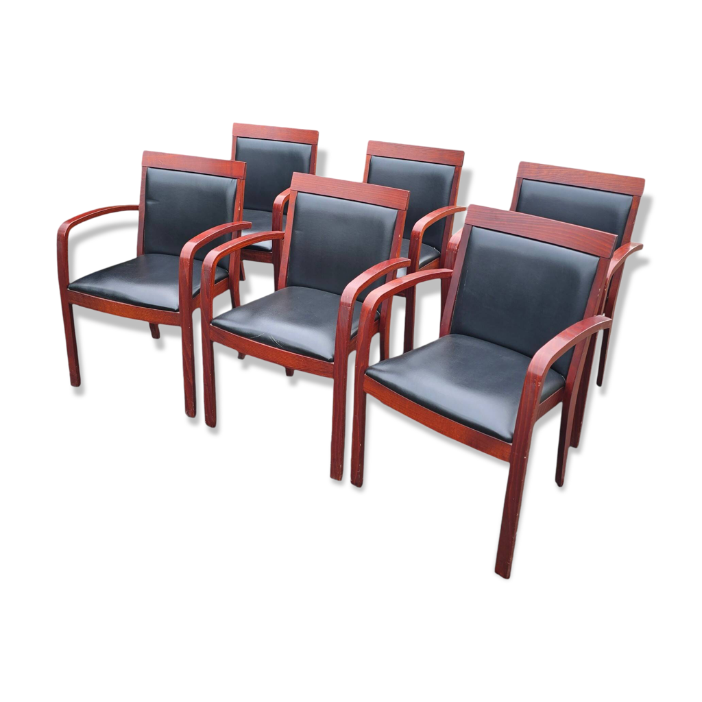 6 fauteuils bridge contemporains en acajou et cuir noir