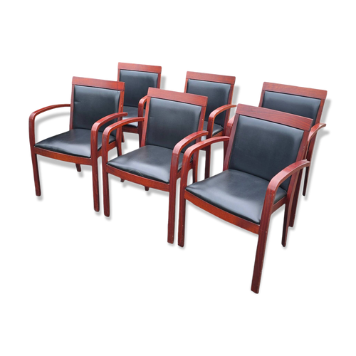 6 fauteuils bridge contemporains en acajou et cuir noir