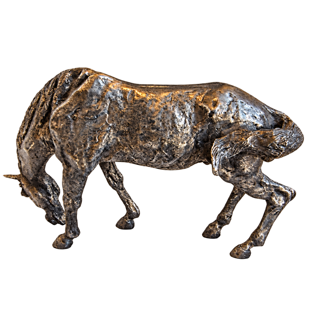 Sculpture de cheval broutant à finition argentée
