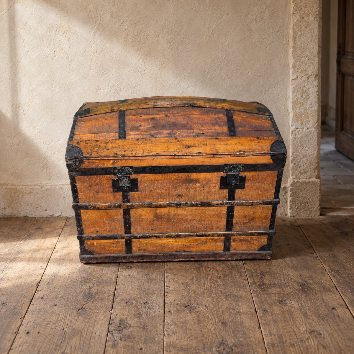Coffre de voyage ancien bombé en bois et fer forgé – XIXe siècle