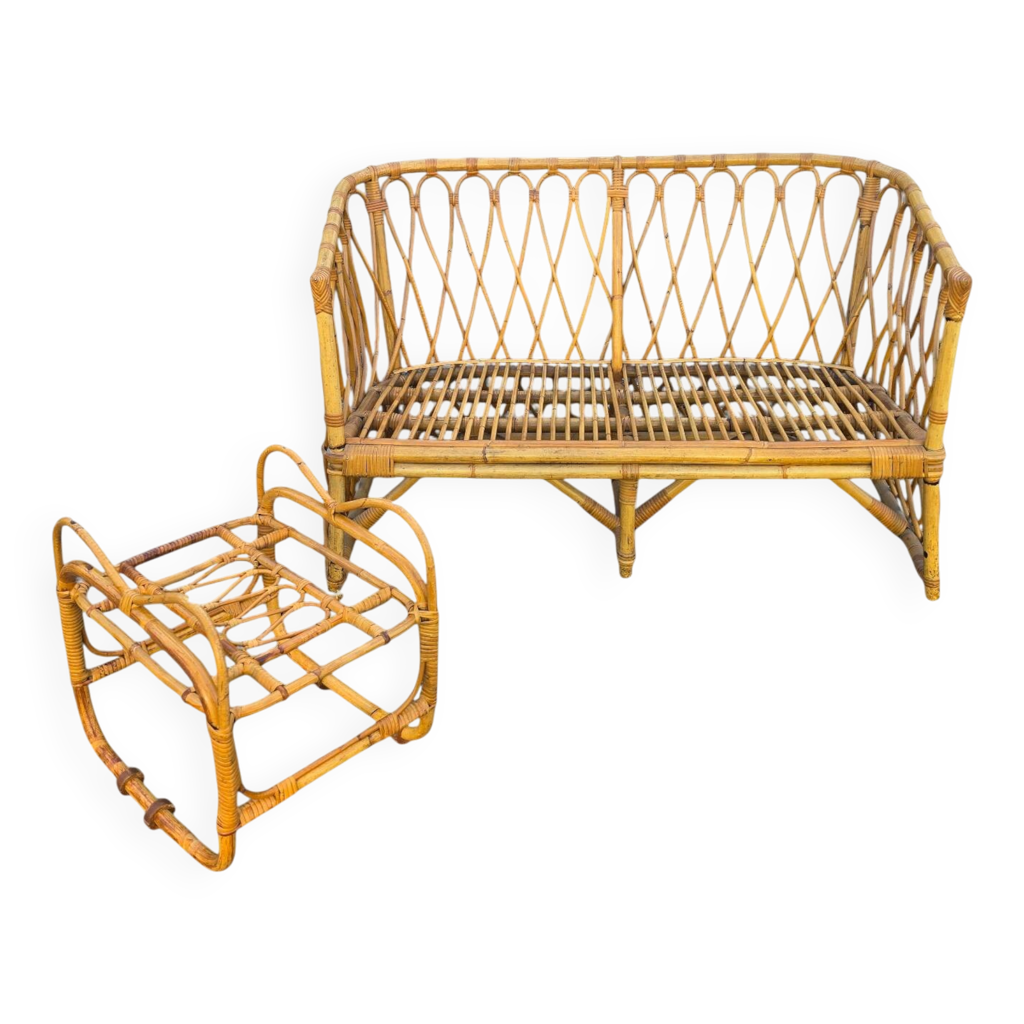 Canapé et table d'appoint vintage en rotin