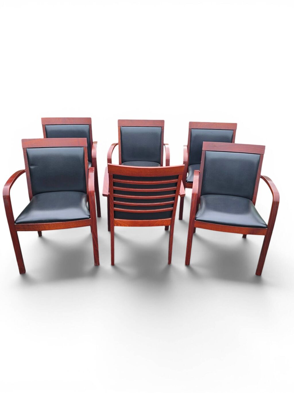 6 fauteuils bridge contemporains en acajou et cuir noir