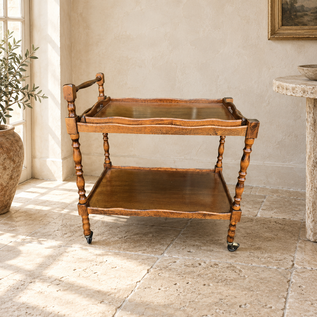 Desserte roulante vintage en bois tourné avec plateau amovible