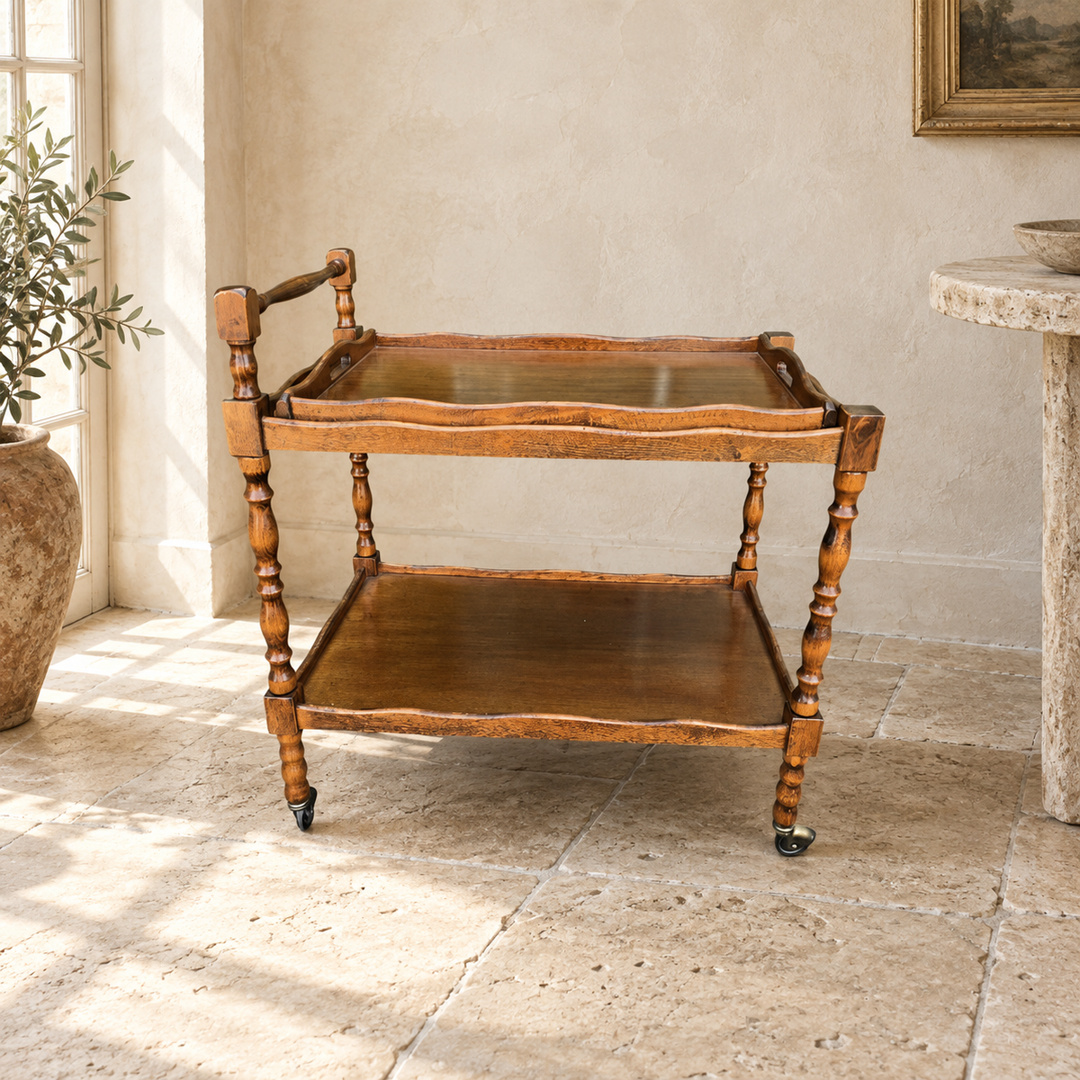 Desserte roulante vintage en bois tourné avec plateau amovible