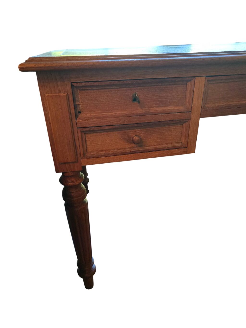 Bureau plat ancien en chêne et cuir noir, style Louis-Philippe