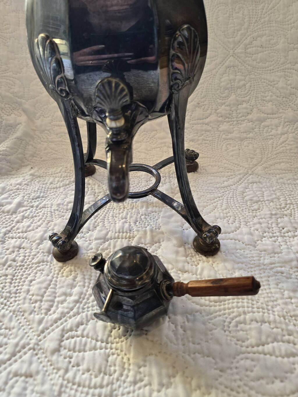 Service thé café métal argenté Art Nouveau avec fontaine