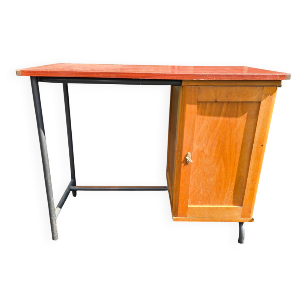 Bureau vintage années 50 en Formica rouge, bois et métal