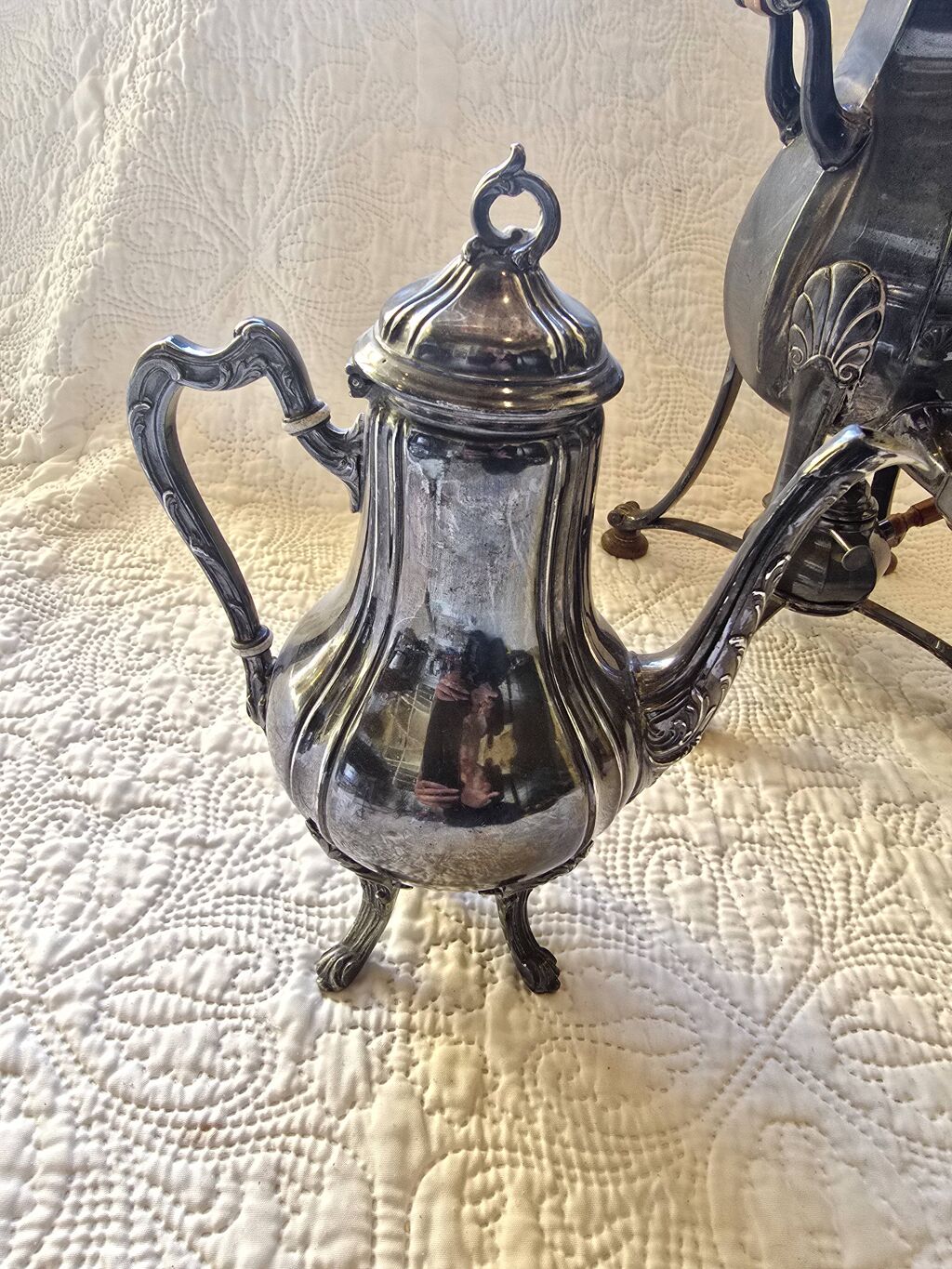 Service thé café métal argenté Art Nouveau avec fontaine