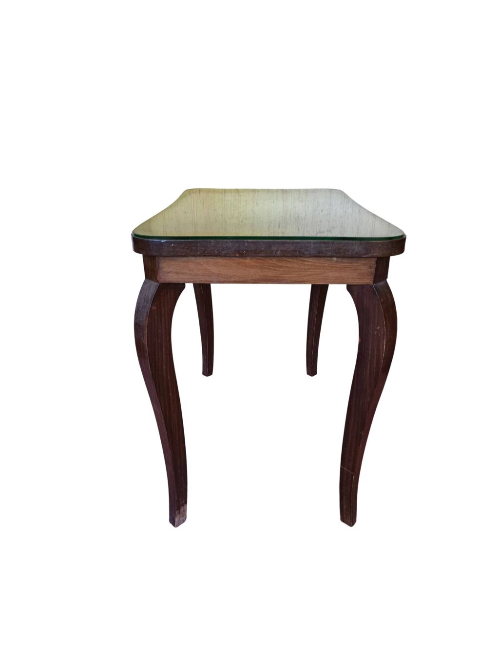 Bout de canapé vintage en bois foncé à plateau verre et pieds galbés