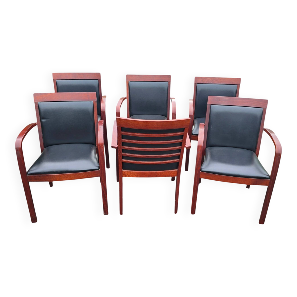 6 fauteuils bridge contemporains en acajou et cuir noir