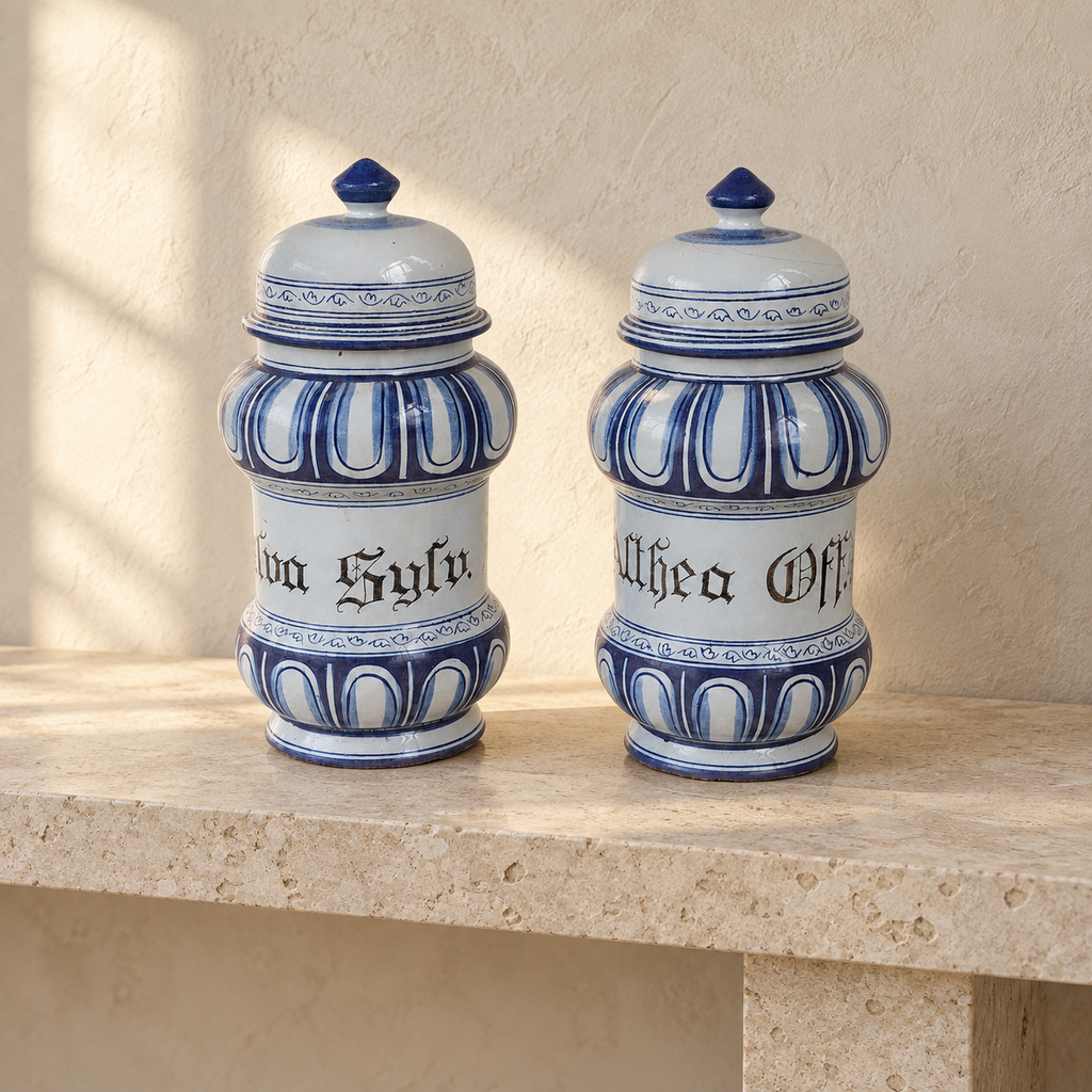Paire de pots de pharmacie en faïence bleu et blanc – style Renaissance italienne – XXe siècle