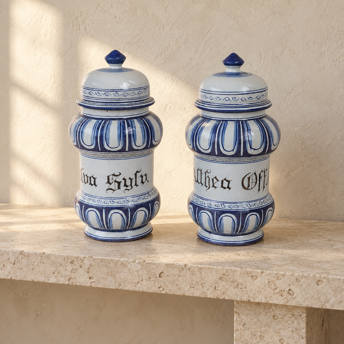 Paire de pots de pharmacie en faïence bleu et blanc – style Renaissance italienne – XXe siècle