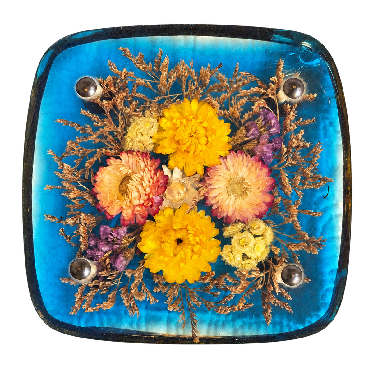 Dessous-de-plat vintage résine bleue et fleurs séchées – 17,5 cm