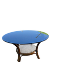 Table basse ronde en rotin, cannage et verre bleu fumé – années 1970