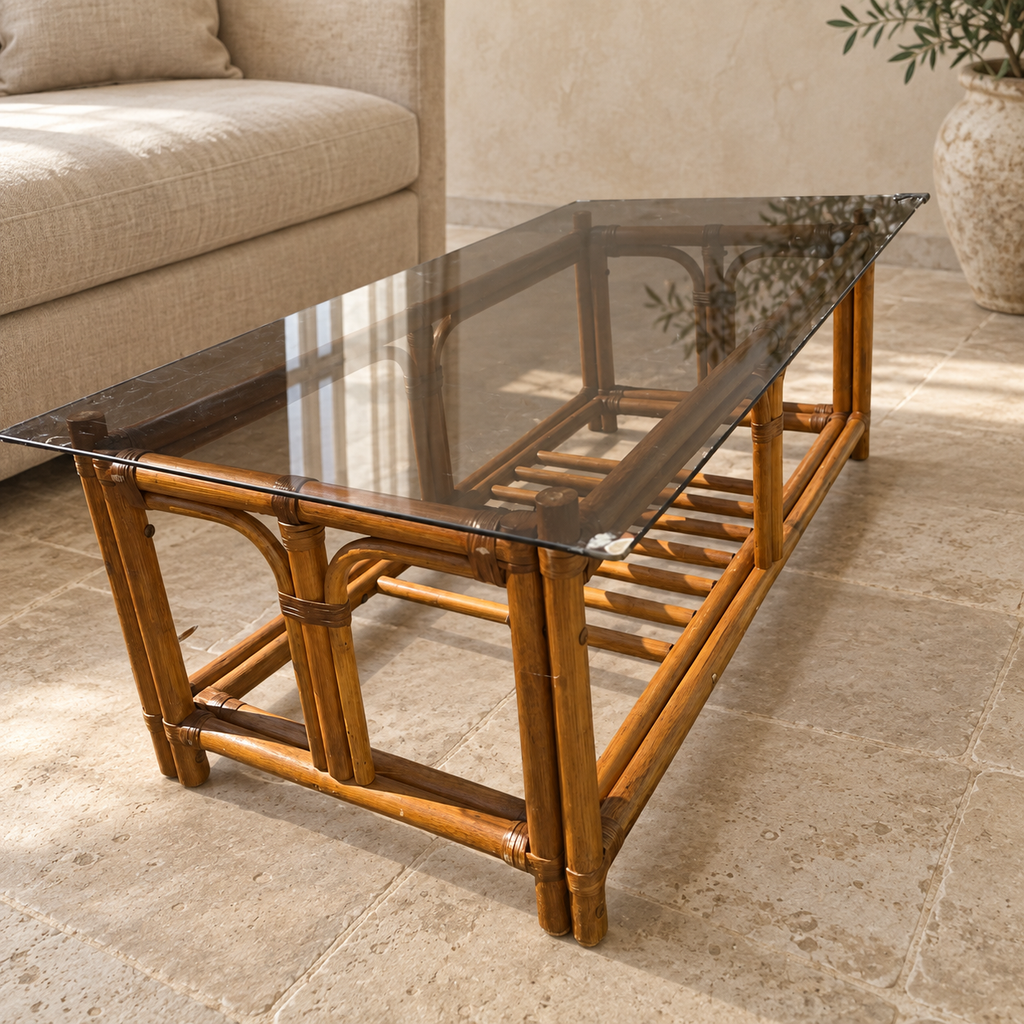 Table basse vintage en rotin et bambou avec plateau en verre fumé